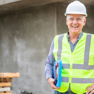 A man in a hard hat and vest smiling in front of a building.
