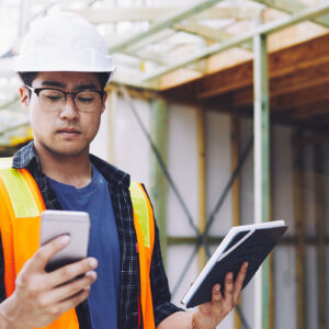 A man in a hard hat and safety vest holding a tablet and looking at his phone.